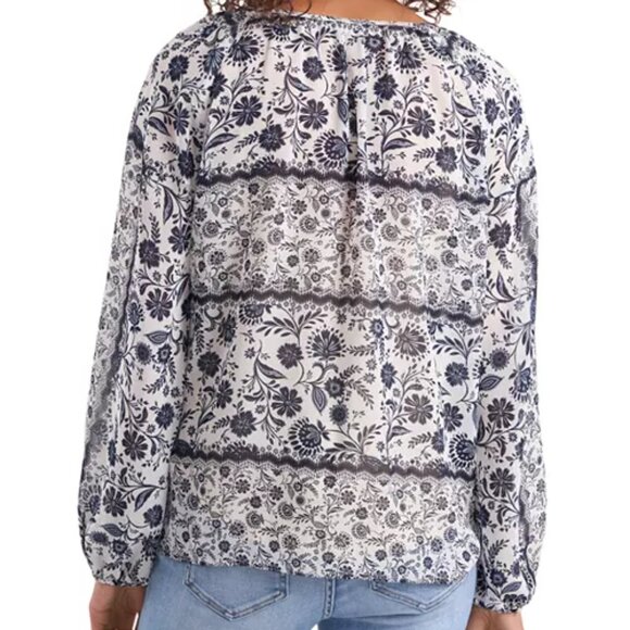 Vince Camuto "Bella" Sheer Blue and White Floral Long Sleeve Peasant - Size XL - Picture 2 of 8